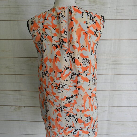 DKNY Pleated Top Sz S Keyhole ORANGE/MULTI Sleeveless Stretch Geometric CAREER - Picture 5 of 5